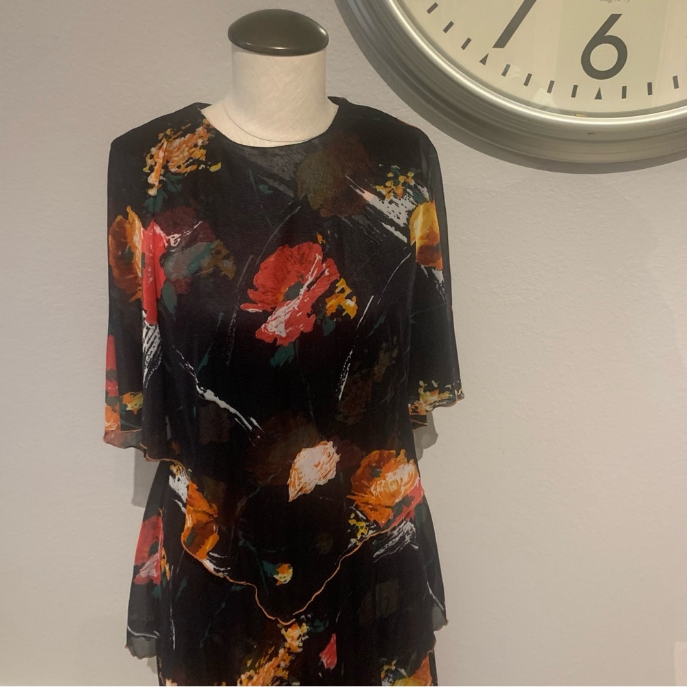 Vintage Floral Asymmetrical Dress with Flutter Sleeves - Picture 2 of 5